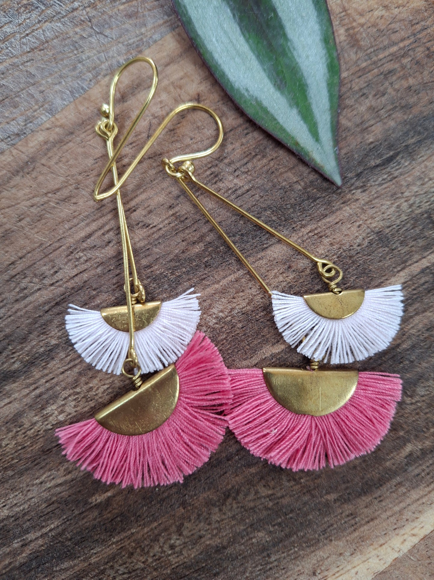 Pink and baby pink double drop fan earrings