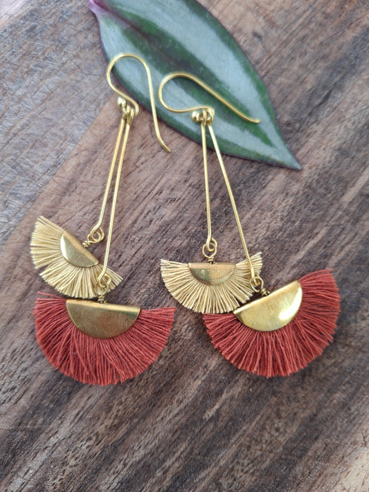 Earthy terracotta double drop fan earrings