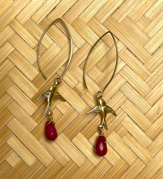 Brass Bird and Ruby Red Stone Drop Earrings