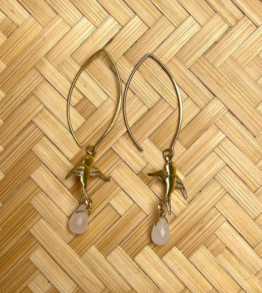 Brass Bird and Rose Quartz Drop Earring