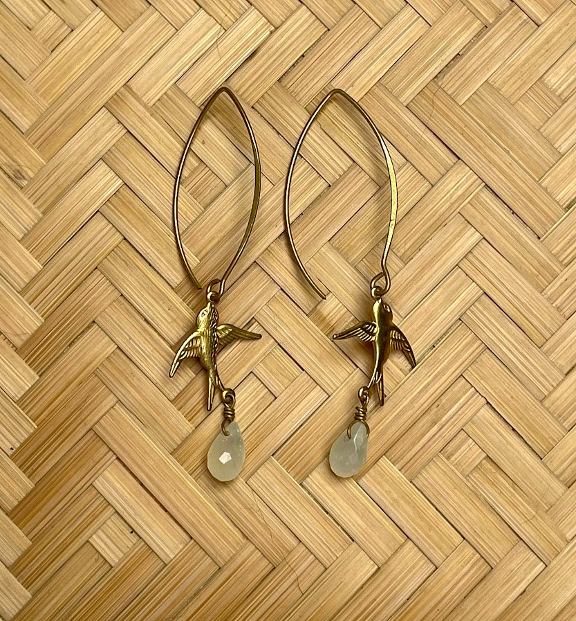 Brass Bird and Green Quartz Drop Earring