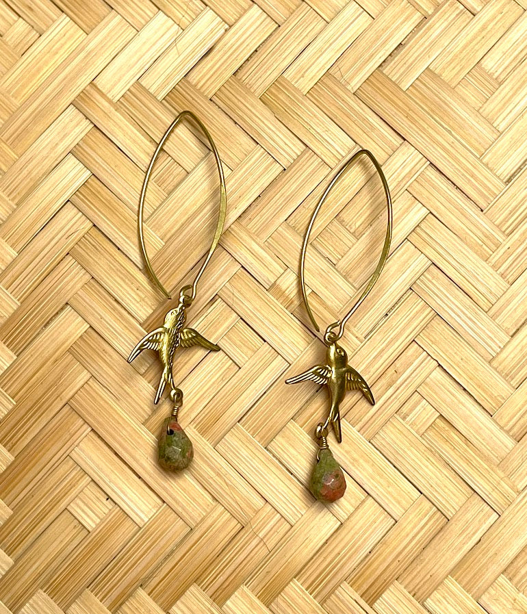 Brass Bird and Five Jade Earring