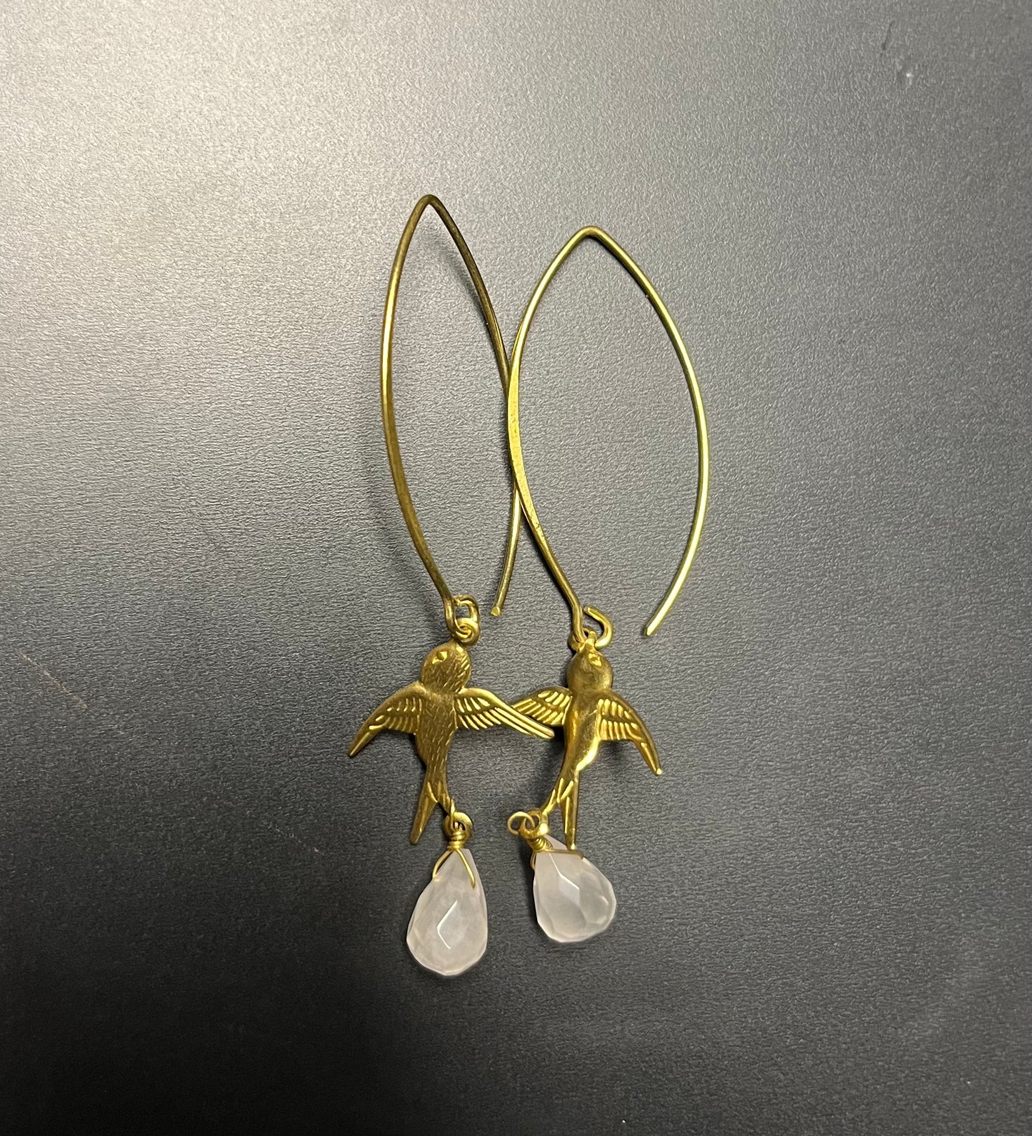 Brass Bird and Rose Quartz Drop Earring