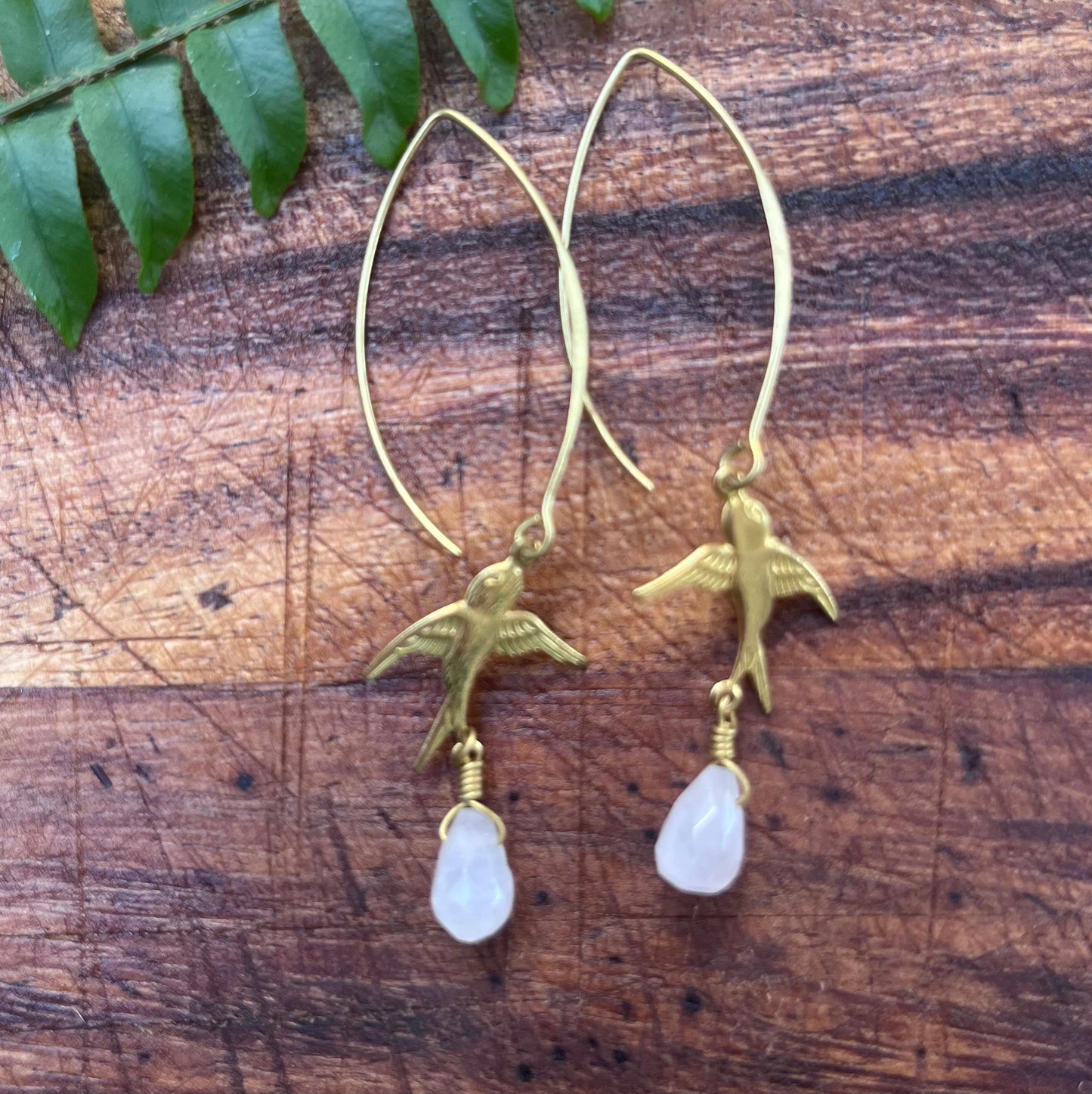 Brass Bird and Rose Quartz Drop Earring