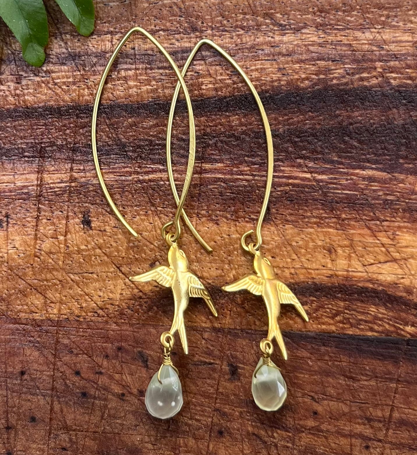 Brass Bird and Green Quartz Drop Earring