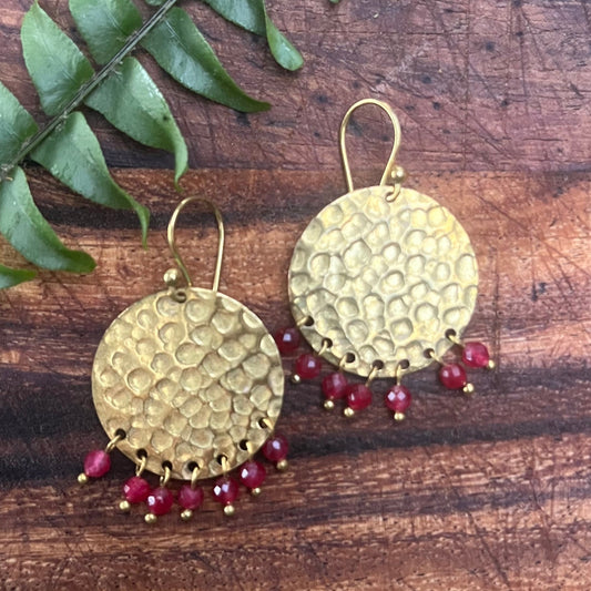 Brass and Stone Dimpled Coin with Ruby Red