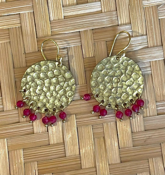 Brass and Stone Dimpled Coin with Ruby Red