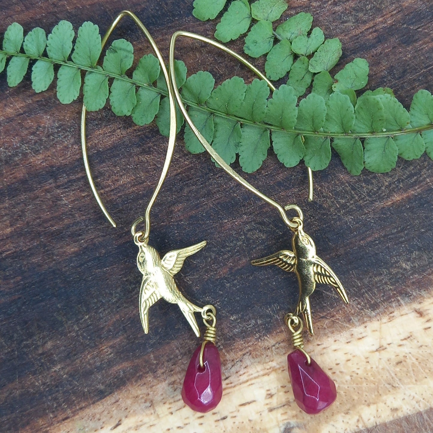 Brass Bird and Ruby Red Stone Drop Earrings