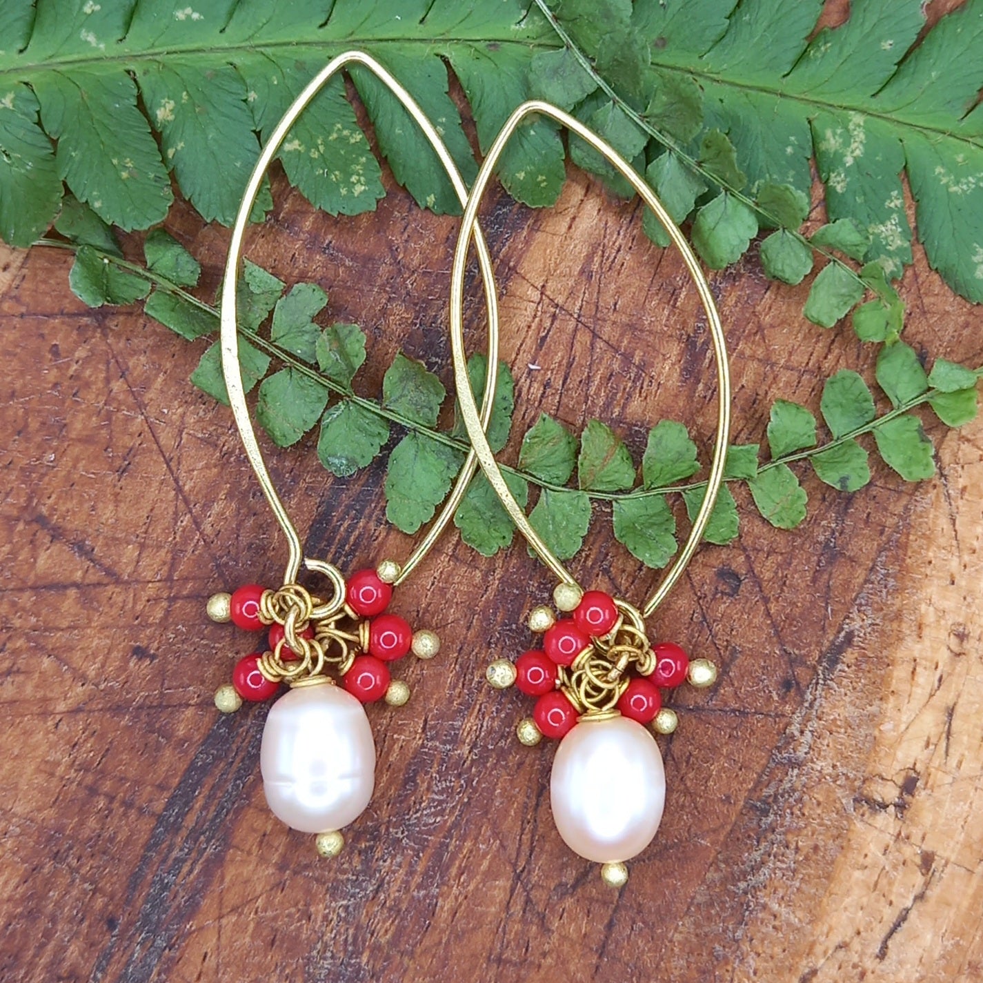 Pearl and Crystal Cluster Earrings Red Coral