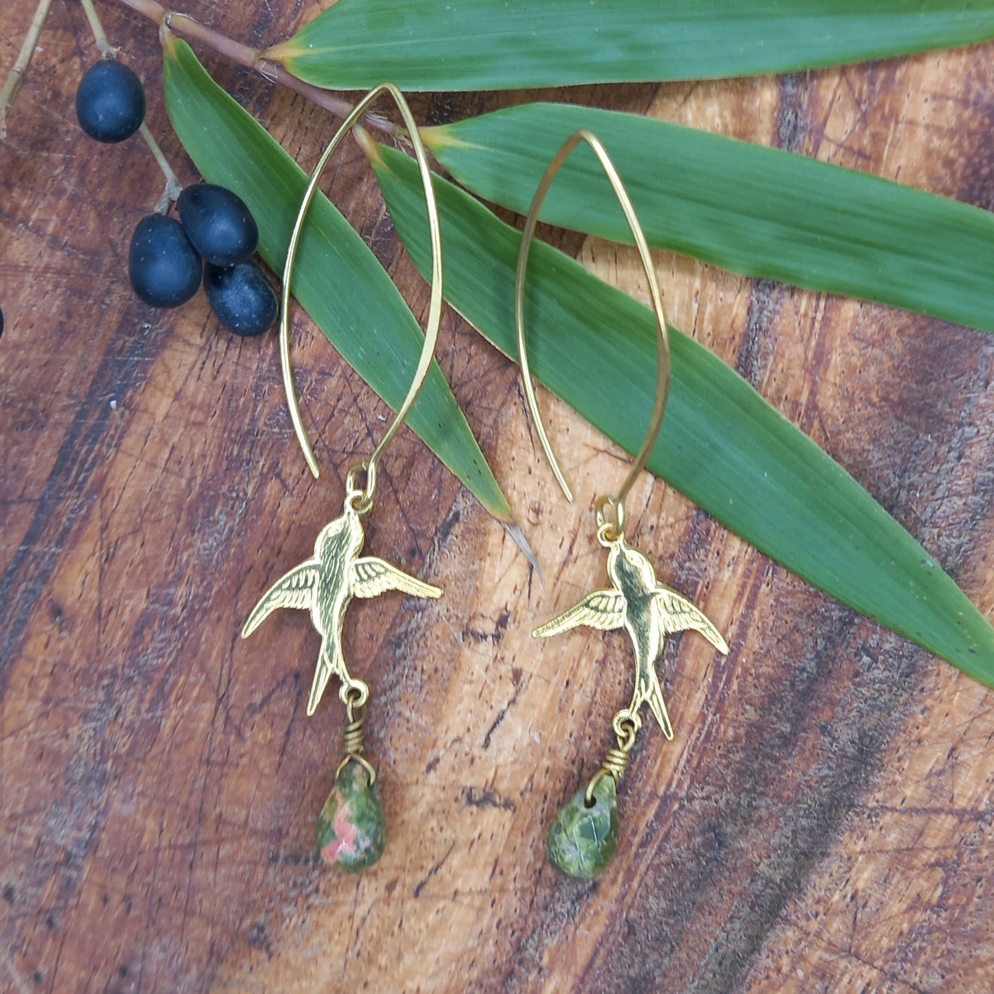 Brass Bird and Five Jade Earring