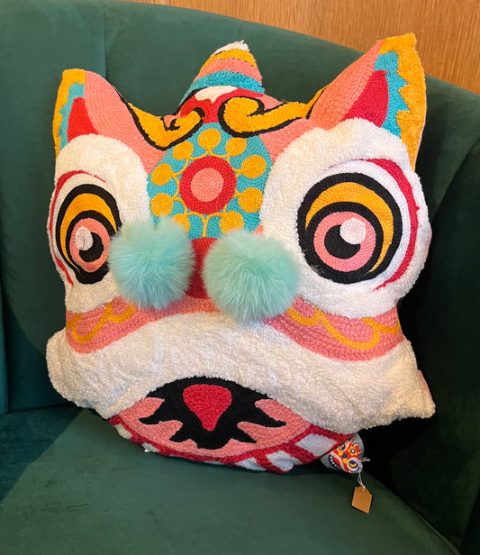 Embroidered Chinese Dancing Lion Head Cushion