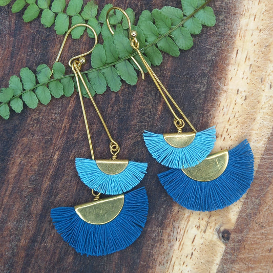 Blue Two Tone Small Double Fan Earring