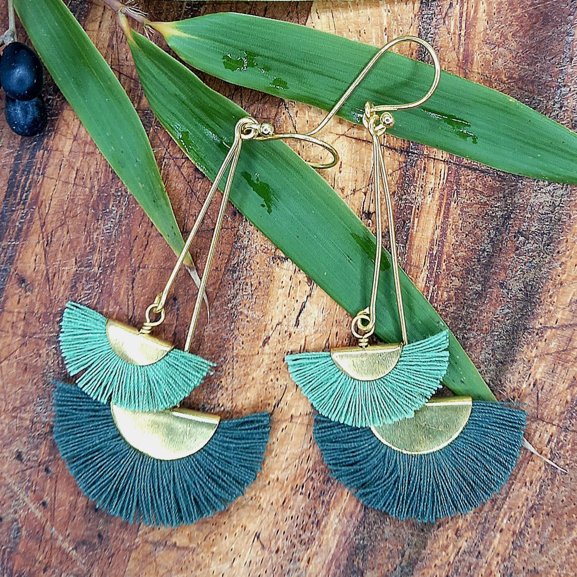 Green Two Tone Small Double Fan Earring