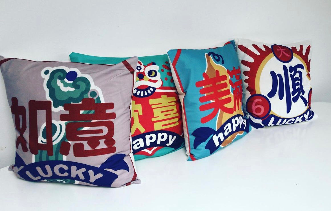 Chinese Style Velvet Soft Printed "Happy" Cushion Cover in Blues