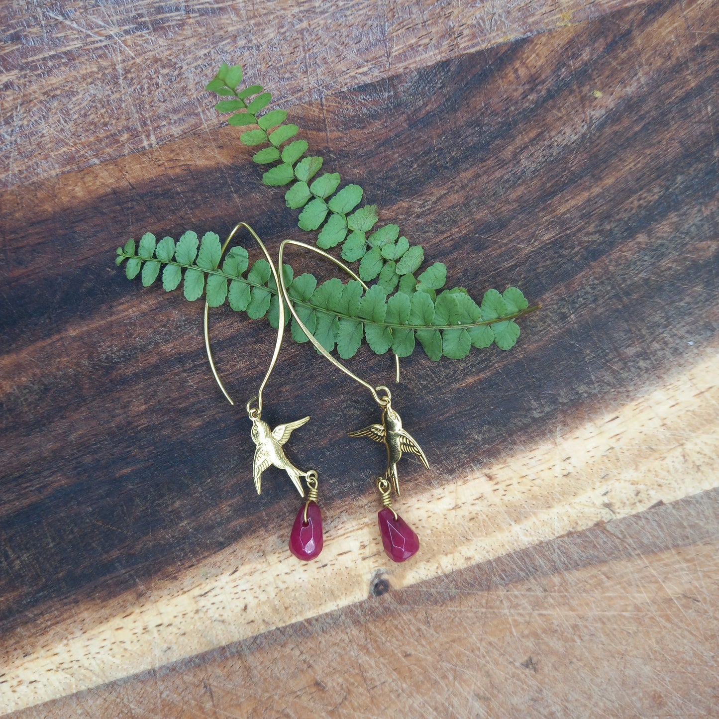 Brass Bird and Ruby Red Stone Drop Earrings